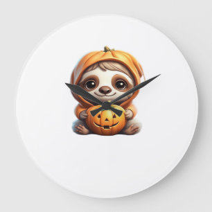 Cute Sloth with Pumpkin Halloween Cartoon Vector I Large Clock