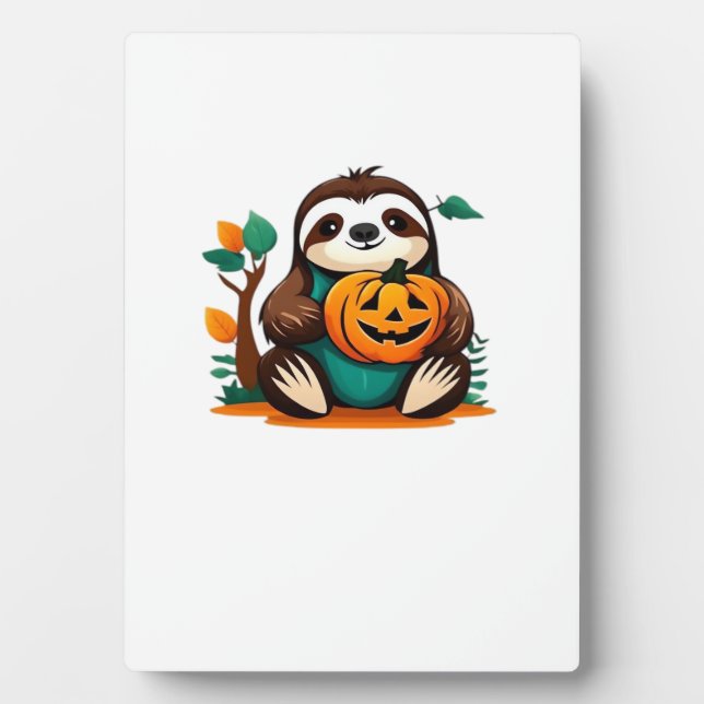 Cute Sloth with Pumpkin Halloween Cartoon Vector I Plaque (Front)