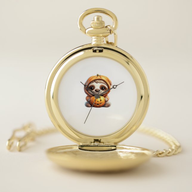 Cute Sloth with Pumpkin Halloween Cartoon Vector I Pocket Watch (Inside)