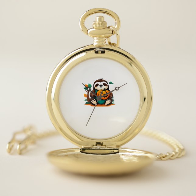 Cute Sloth with Pumpkin Halloween Cartoon Vector I Pocket Watch (Inside)