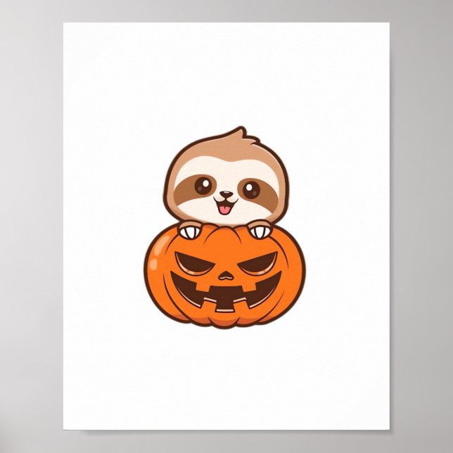 Cute Sloth with Pumpkin Halloween Cartoon Vector I Poster (Front)