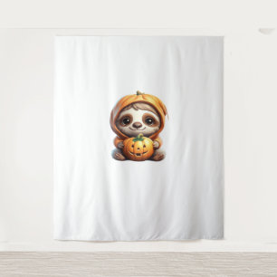 Cute Sloth with Pumpkin Halloween Cartoon Vector I Tapestry