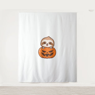 Cute Sloth with Pumpkin Halloween Cartoon Vector I Tapestry