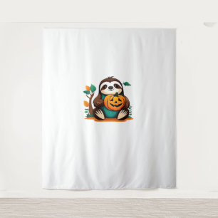 Cute Sloth with Pumpkin Halloween Cartoon Vector I Tapestry