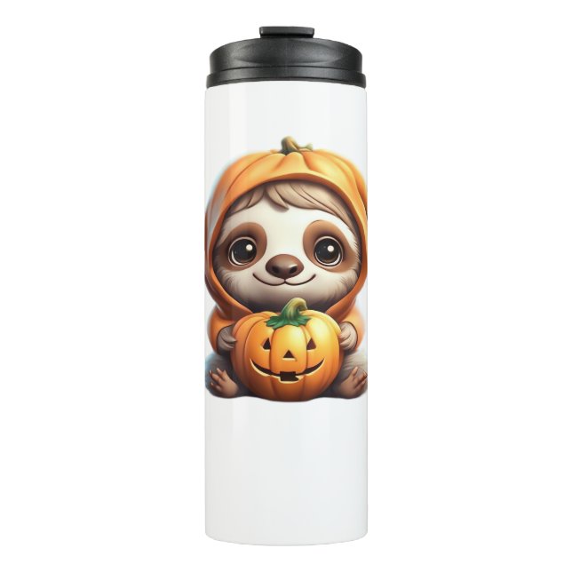 Cute Sloth with Pumpkin Halloween Cartoon Vector I Thermal Tumbler (Front)
