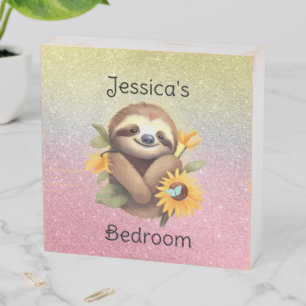 Cute Sloth With Sunflowers Wooden Box Sign
