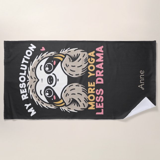 Cute Sloth Yoga Beach Towel - More Yoga Less Drama (Front)