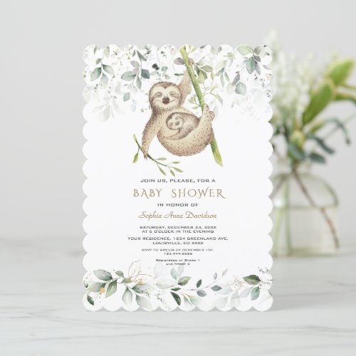 Cute Sloths Airy Greenery Gold Baby Shower  Invitation
