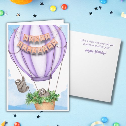 Cute Sloths and Hot Air Balloon Birthday Card