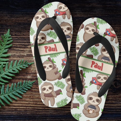 Cute Sloths and Leaves Pattern Custom Kids Flip Flops