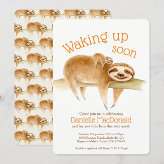 Cute sloths animal watercolor baby shower invitation