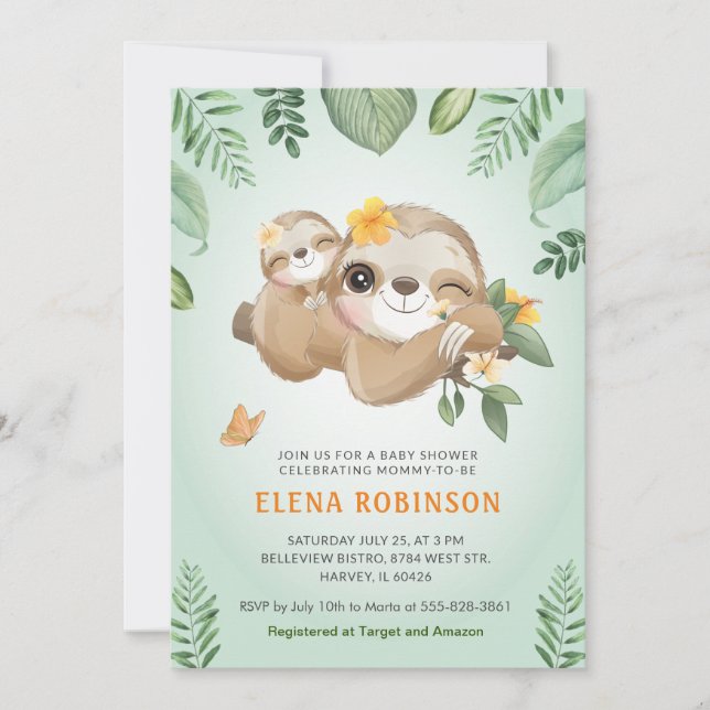 Cute Sloths Baby Mommy Tropical Green Baby Shower Invitation (Front)