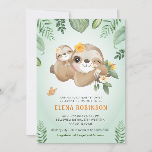 Cute Sloths Baby Mommy Tropical Green Baby Shower Invitation