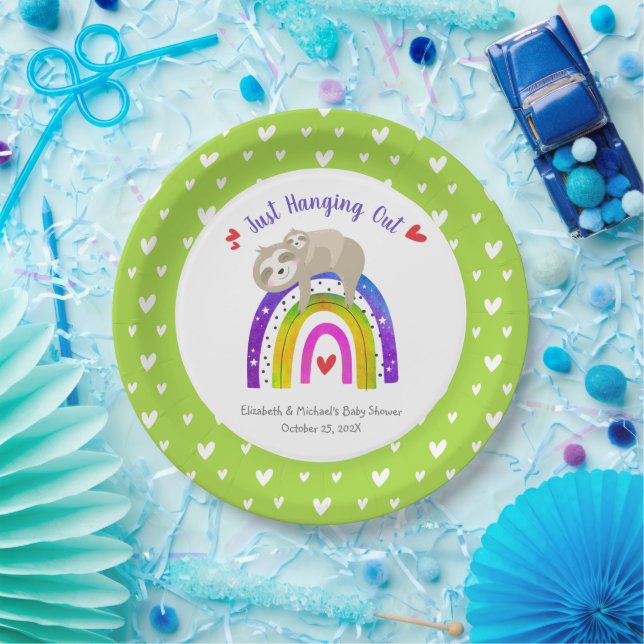 Cute Sloths Baby Shower Sweet Boho Rainbow Modern  Paper Plates (Party)