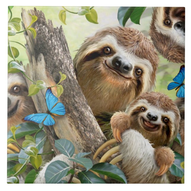 Cute Sloths Background Ceramic Tile (Front)