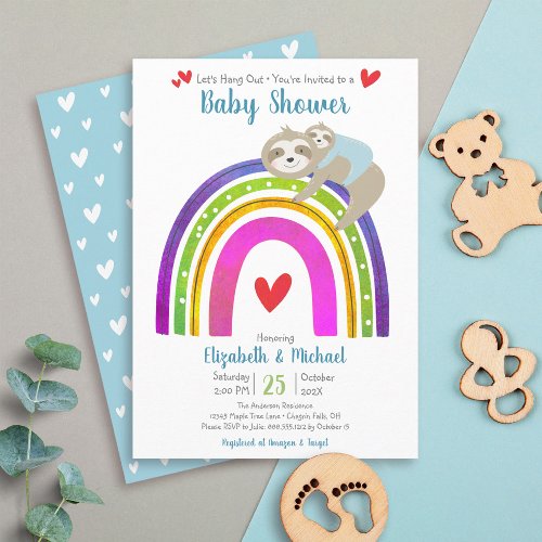 Cute Sloths Boho Rainbow Modern Boy Baby Shower Invitation