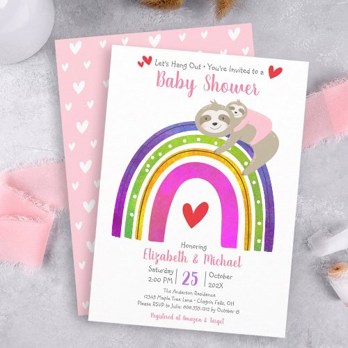 Cute Sloths Boho Rainbow Modern Girl Baby Shower Invitation
