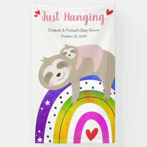 Cute Sloths Boho Rainbow Pink Baby Girl Shower Banner