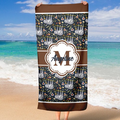 Cute Sloths Custom Name Monogram Beach Towel