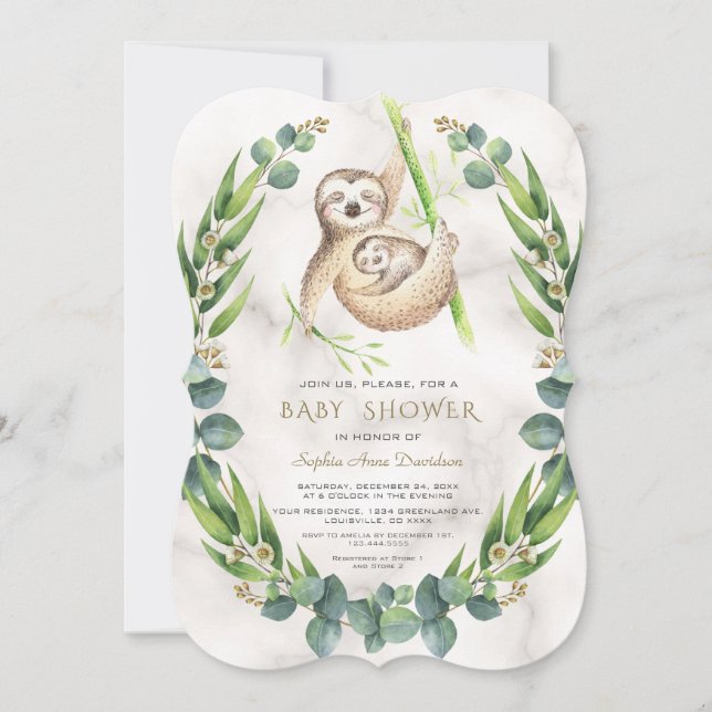 Cute Sloths Eucalyptus Wreath Baby Shower Invitation (Front)
