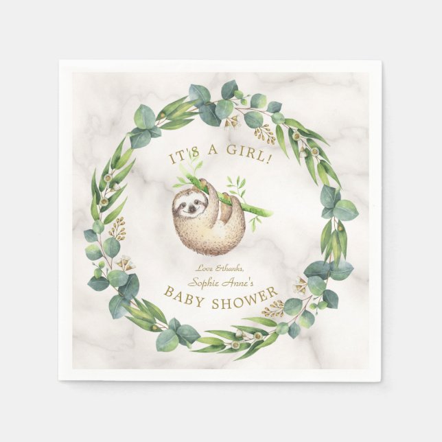 Cute Sloths Eucalyptus Wreath Baby Shower Napkins (Front)