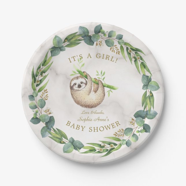 Cute Sloths Eucalyptus Wreath Girl Baby Shower Paper Plates (Front)
