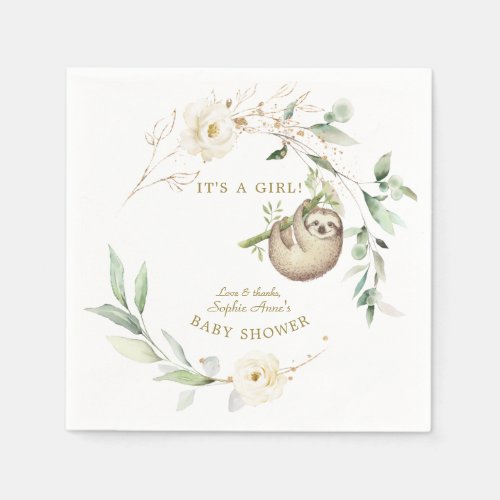 Cute Sloths Floral Greenery Girl Baby Shower  Pape Napkins