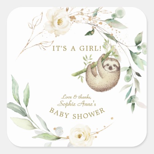 Cute Sloths Floral Greenery Girl Baby Shower  Pape Square Sticker