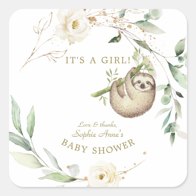 Cute Sloths Floral Greenery Girl Baby Shower  Pape Square Sticker (Front)