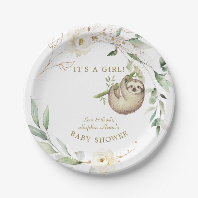 Cute Sloths Floral Greenery Girl Baby Shower  Paper Plates (Front)
