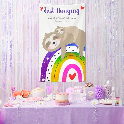 Cute Sloths Fun Colorful Boho Rainbow Baby Shower Banner