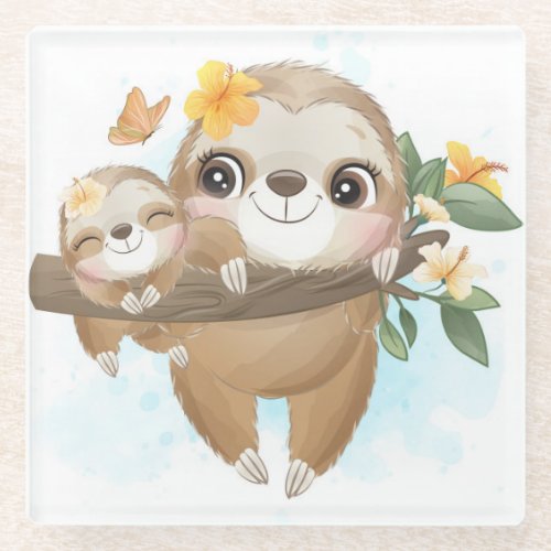 Cute Sloths Glass Coaster