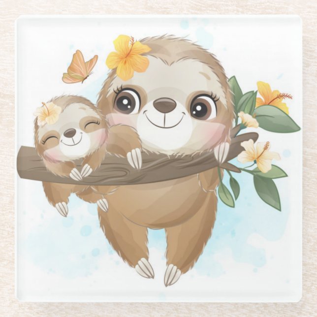 Cute Sloths Glass Coaster (Front)