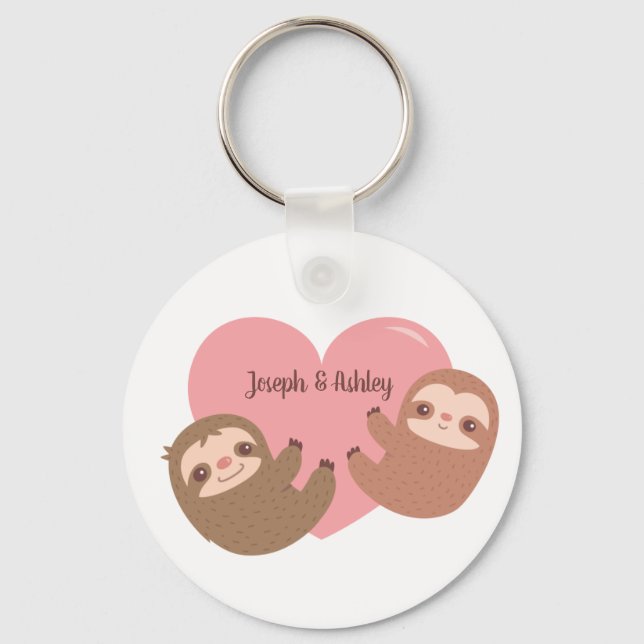Cute Sloths Hugging Heart, Personalized Keychain (Front)