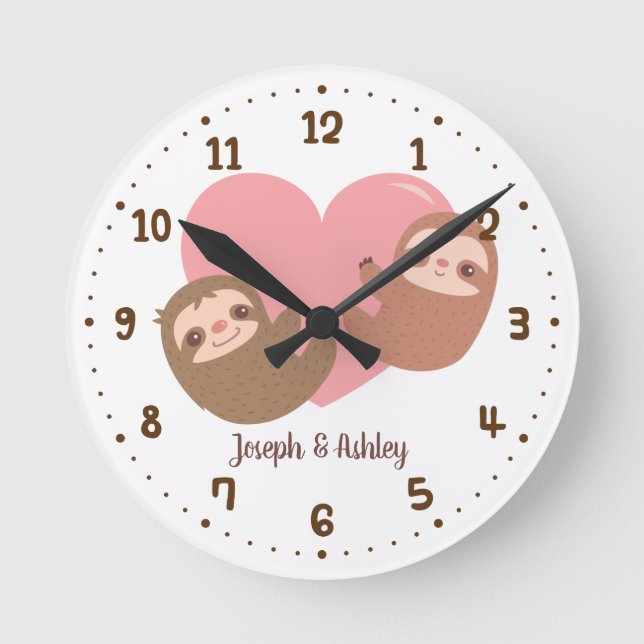 Cute Sloths Hugging Heart, Wall Decor Round Clock (Front)