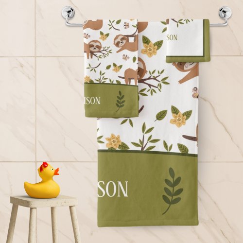 Cute Sloths Sleeping on Tree Branches Kid Pattern Bath Towel Set