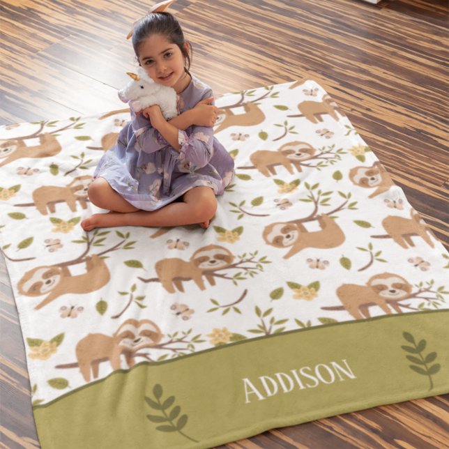 Cute Sloths Sleeping on Tree Branches Kid Pattern Fleece Blanket (Creator Uploaded)