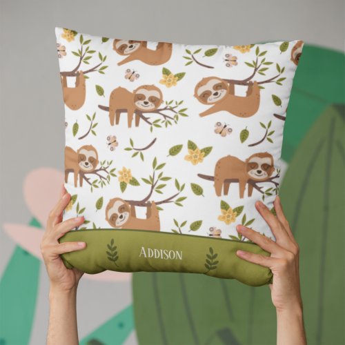 Cute Sloths Sleeping on Tree Branches Kid Pattern Throw Pillow