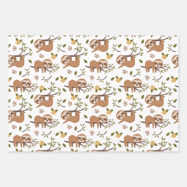 Cute Sloths Sleeping on Tree Branches Kid Pattern Wrapping Paper Sheets (Front)