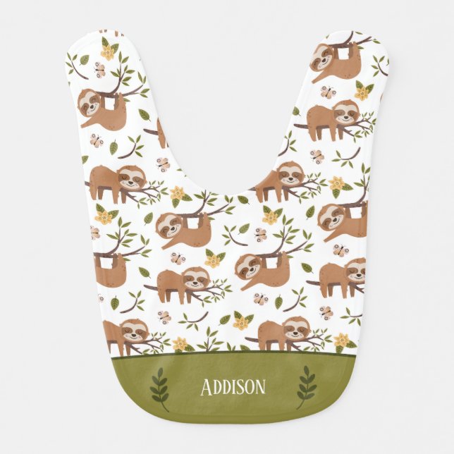 Cute Sloths Sleeping on Tree Branches Pattern Baby Bib (Front)