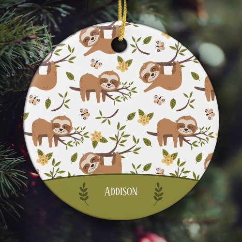 Cute Sloths Sleeping on Tree Kid Christmas Ceramic Ornament