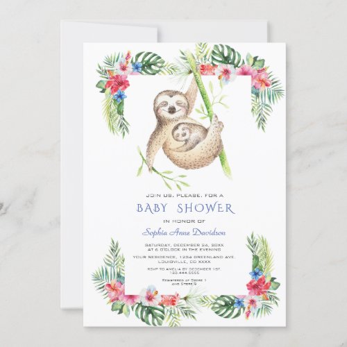 Cute Sloths Tropical Flowers Frame Baby Shower Invitation