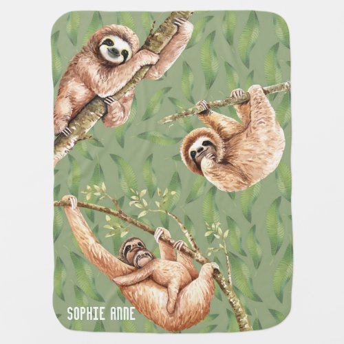 Cute Sloths Tropical Girl Baby Shower Monogram Baby Blanket