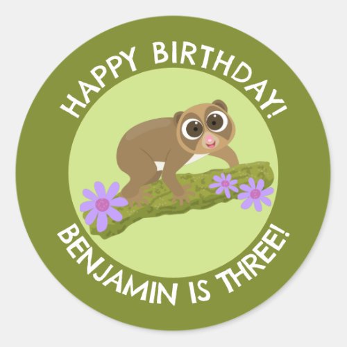 Cute slow loris personalized cartoon birthday classic round sticker