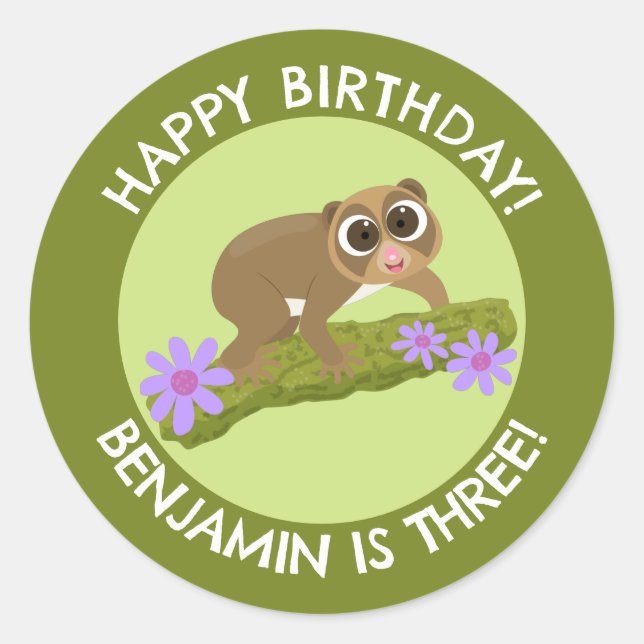 Cute slow loris personalized cartoon birthday classic round sticker (Front)
