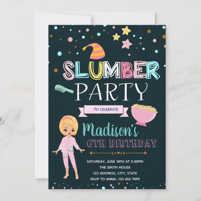 Cute slumber birthday party invitation (Front)