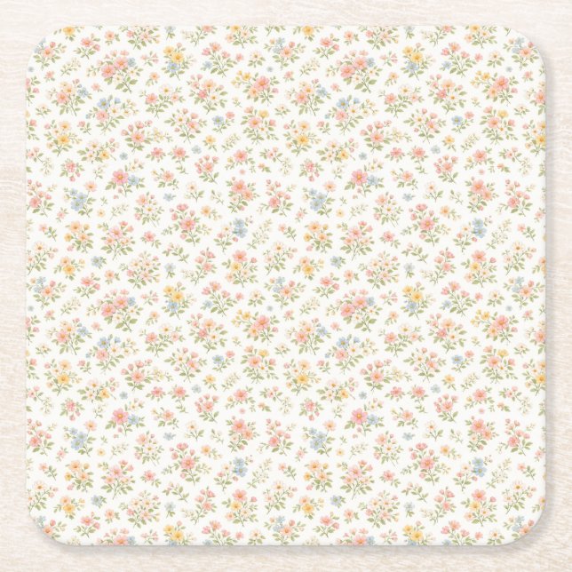Cute Small Ditsy Floral Seamless Pattern Square Paper Coaster (Front)