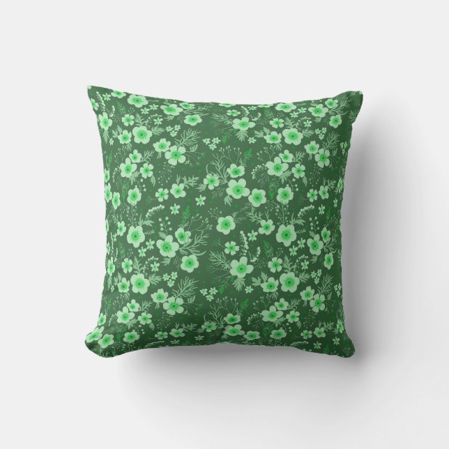 Cute small green floral summer pattern throw pillow (Front)