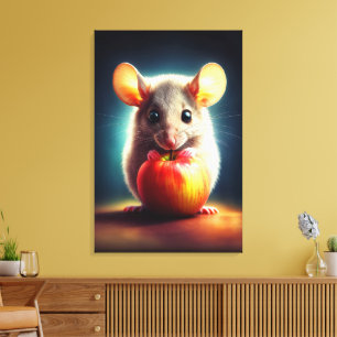 Cute small mouse with shiny apple kitchen art canvas print