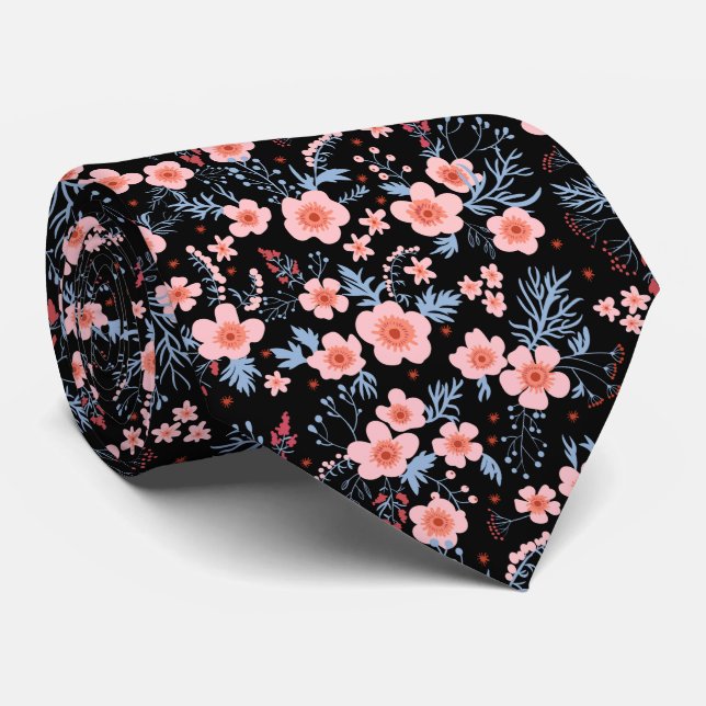 Cute small pink floral with black background neck tie (Rolled)